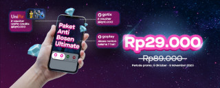 Paket Anti Bosen Ultimate yang bikin kamu hemat! Bisa main game seru bareng UniPin, nonton konser online di GoTix, dan nonton film di GoPlay hanya 29 ribu!